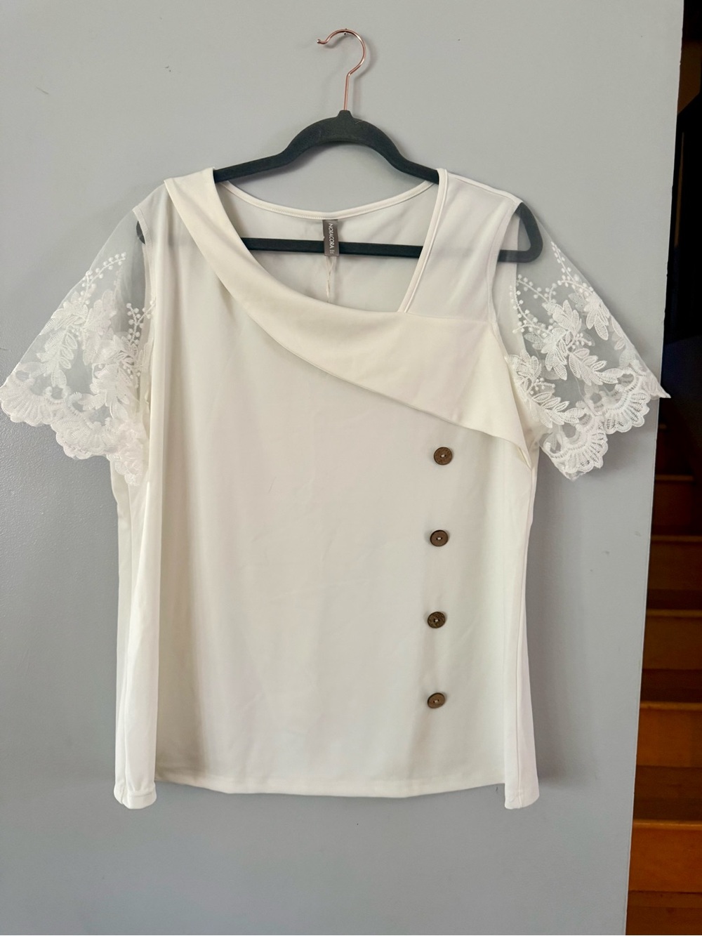NORACORA White Asymmetrical Neck Lace Sleeve Blouse Top Button Accent Sz XXL